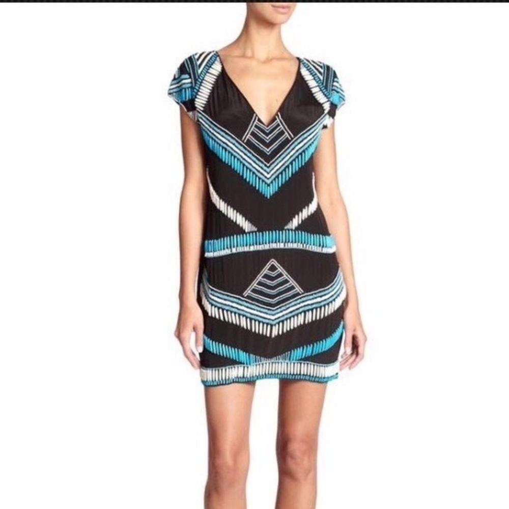 Karina Grimaldi Beaded Silk‎ Mini Dress Women S Black Blue Geometric Cap Sleeve